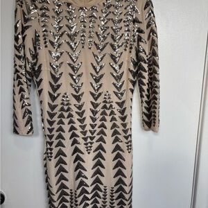 Beige Sequin Arrow-Pattern Cocktail Dress